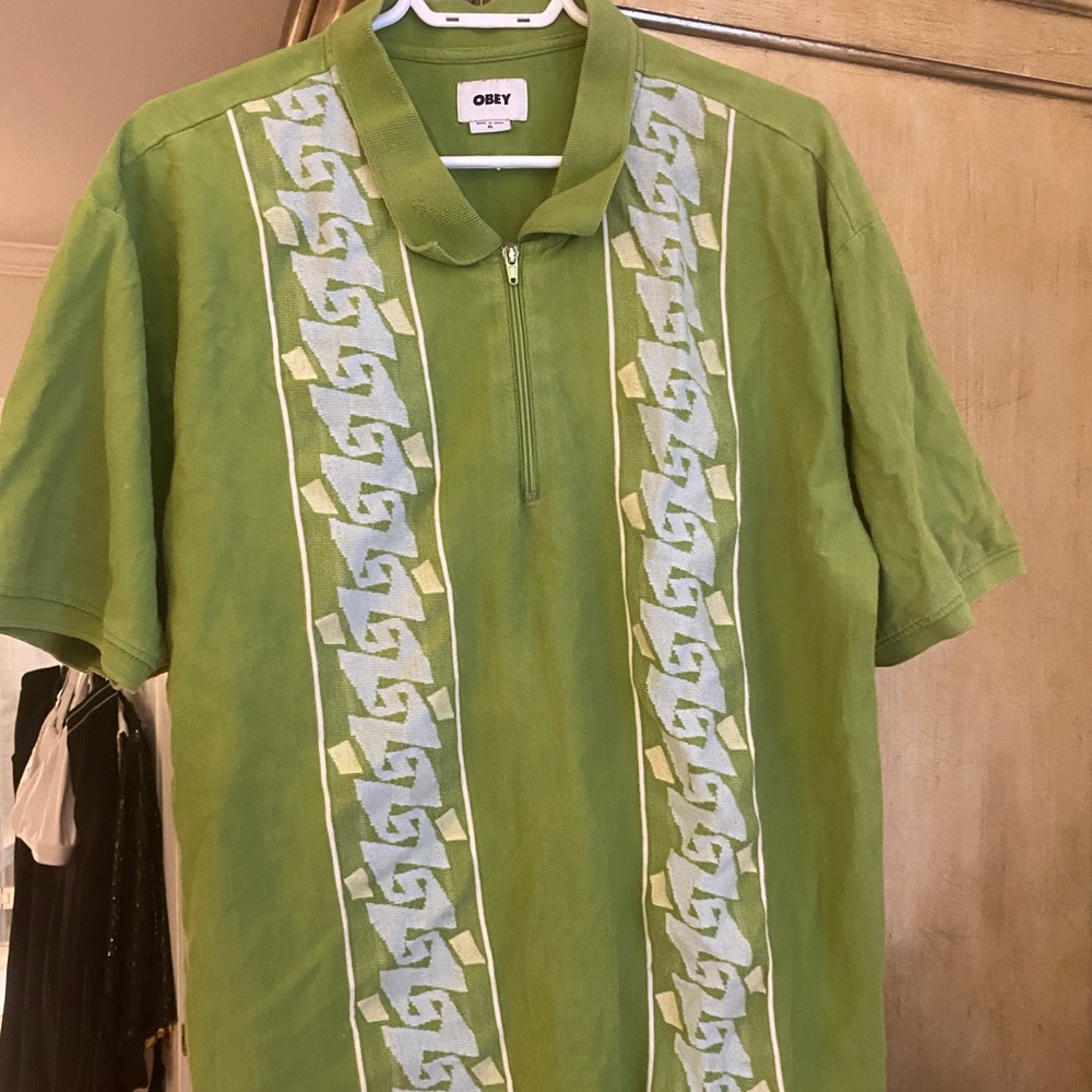 OBEY lime green polo shirt with zipper. Size X-LARGE. Soft cotton material.
